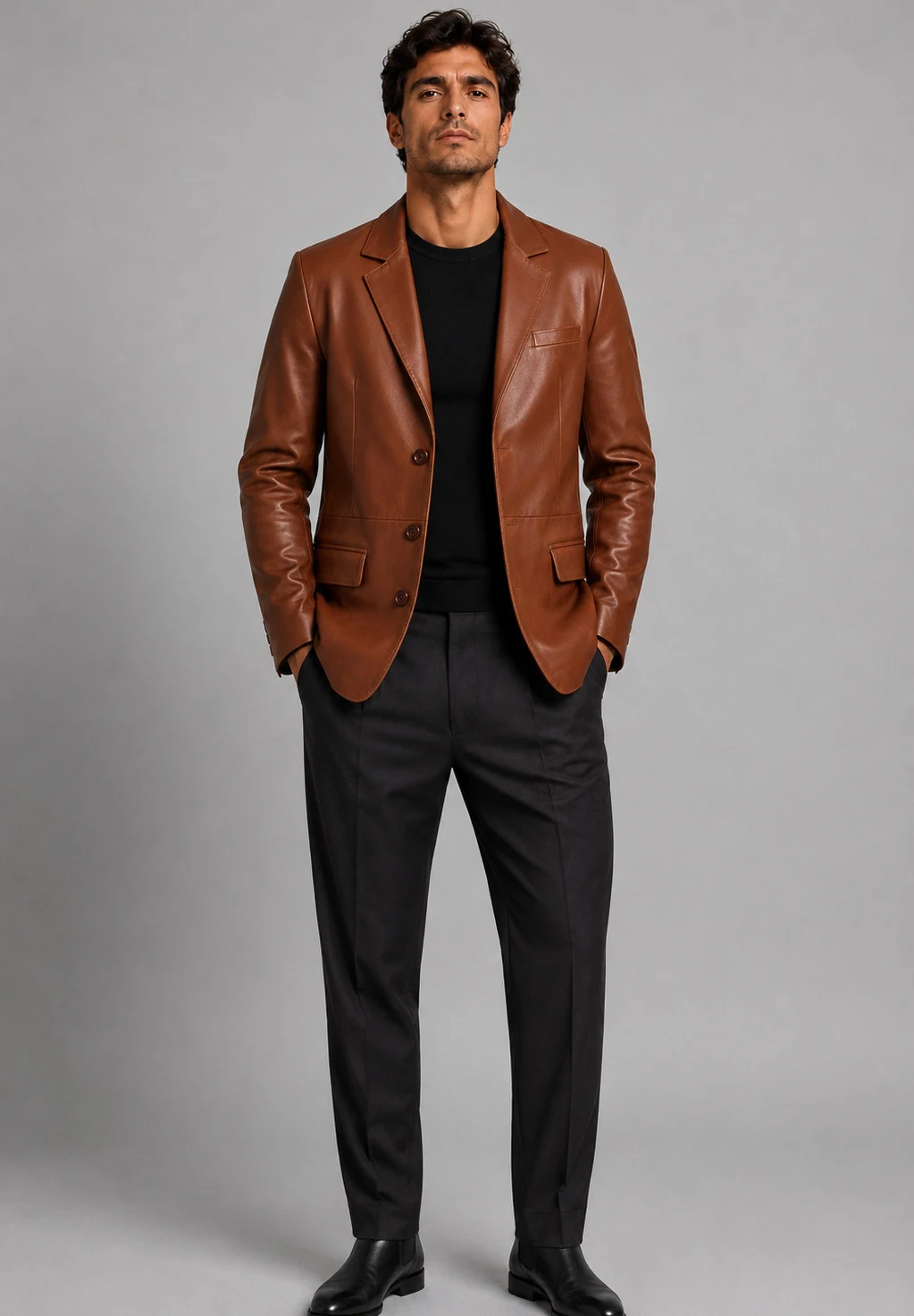 Model wearing a cognac Cycas d'Or leather blazer