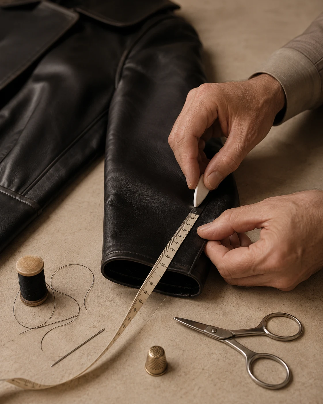 Leather jacket sleeve being measured by an artisan