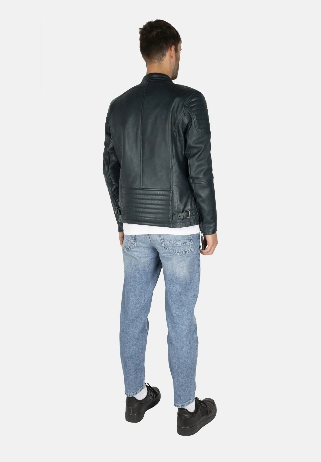 Harrison Blouson en Cuir Bleu pour Homme - Blouson de Motard en Cuir Véritable - Image de la Galerie