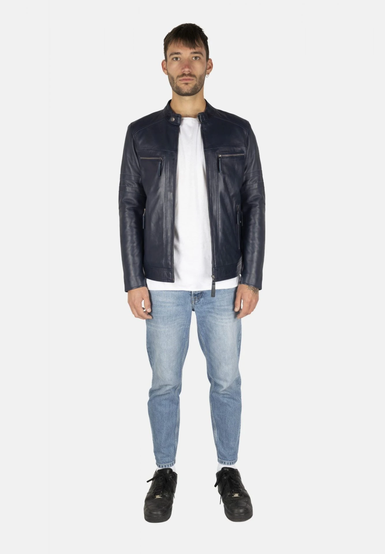 Jones - Blouson en Cuir Bleu Homme Slim Fit - Image de la Galerie