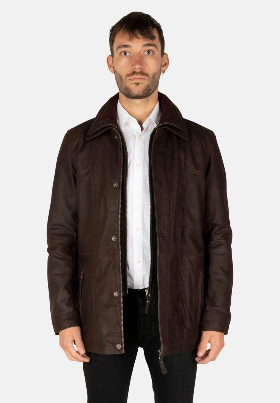 Parka en cuir marron Buff - Veste en cuir pour homme avec col en laine amovible - 2 en 1 - Image de la galerie