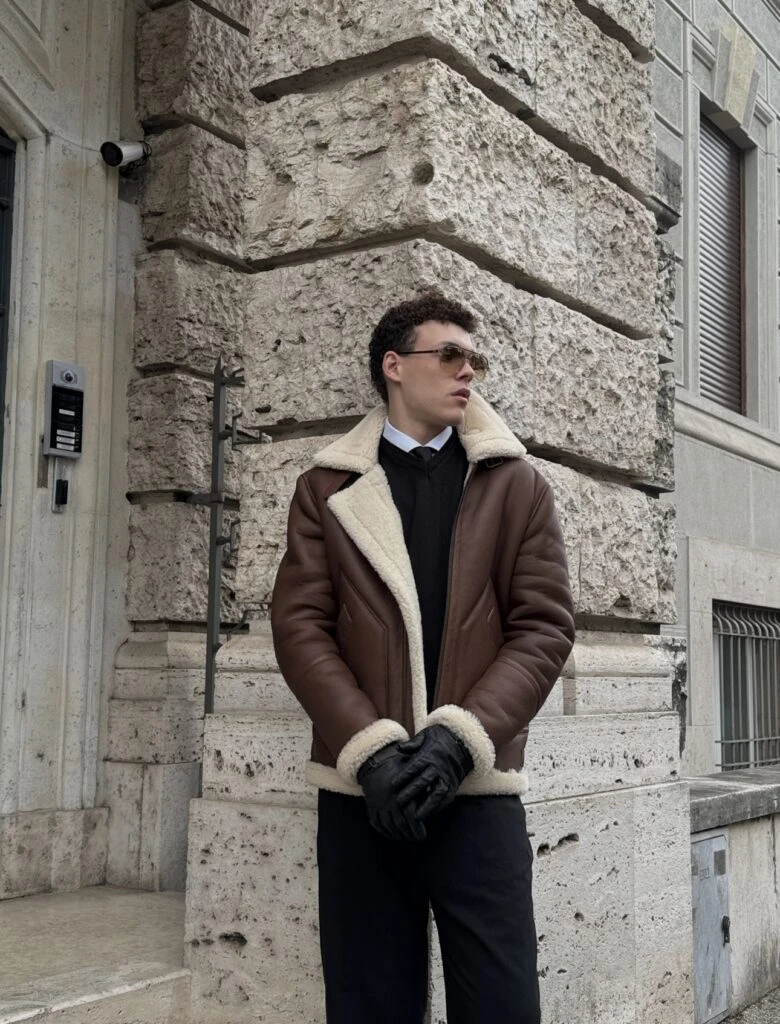 Men’s Shearling Jacket – The Hunter – Cognac Brown Lambskin & White Wool Winter Jacket - Gallery Image