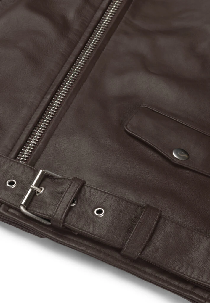 Odin Perfecto Brown Leather Biker Jacket – Classic Belted Asymmetric Style - Gallery Image