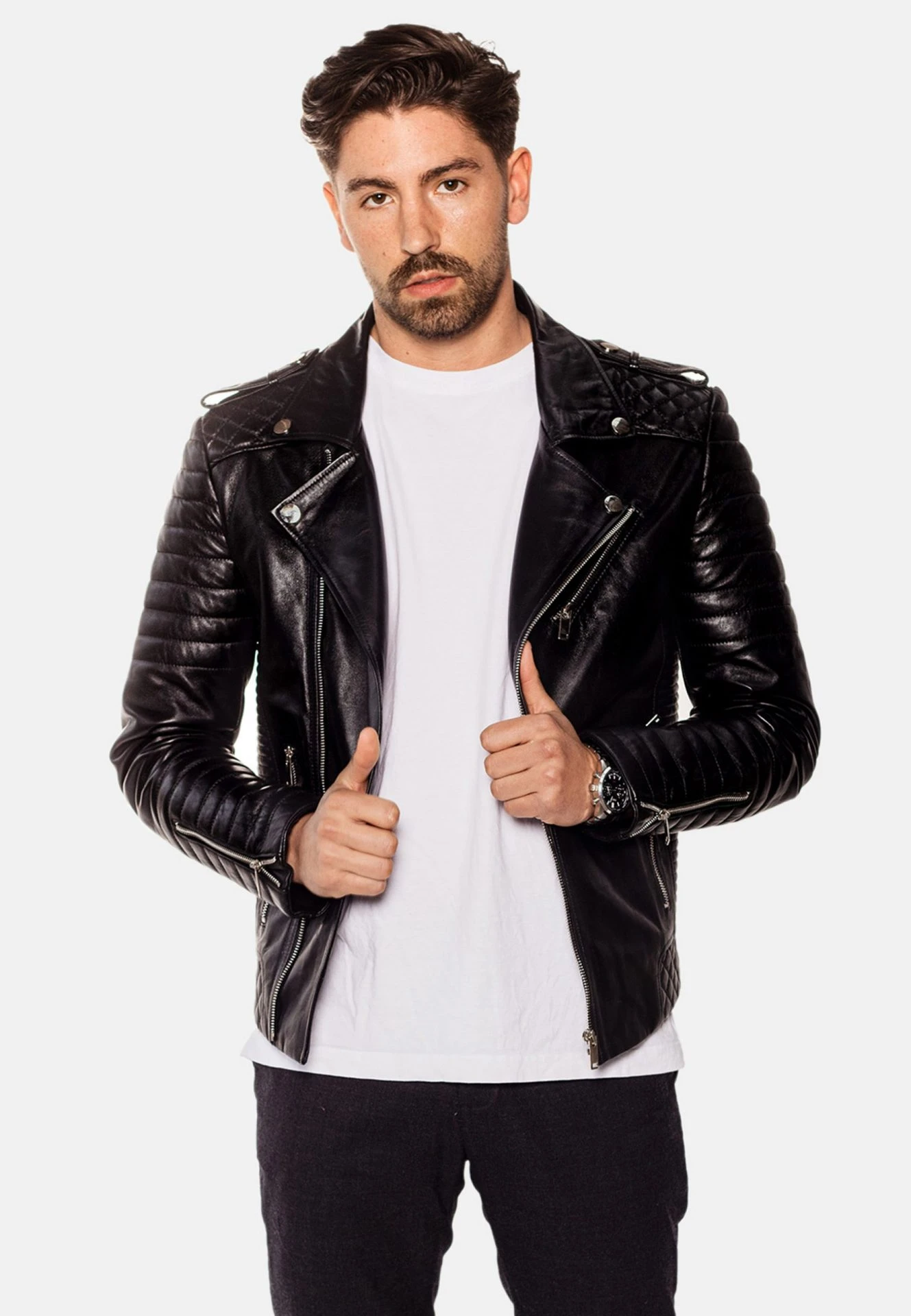 Jordan Perfecto Men's Black Leather Jacket – Classic Biker with Asymmetric Zipper