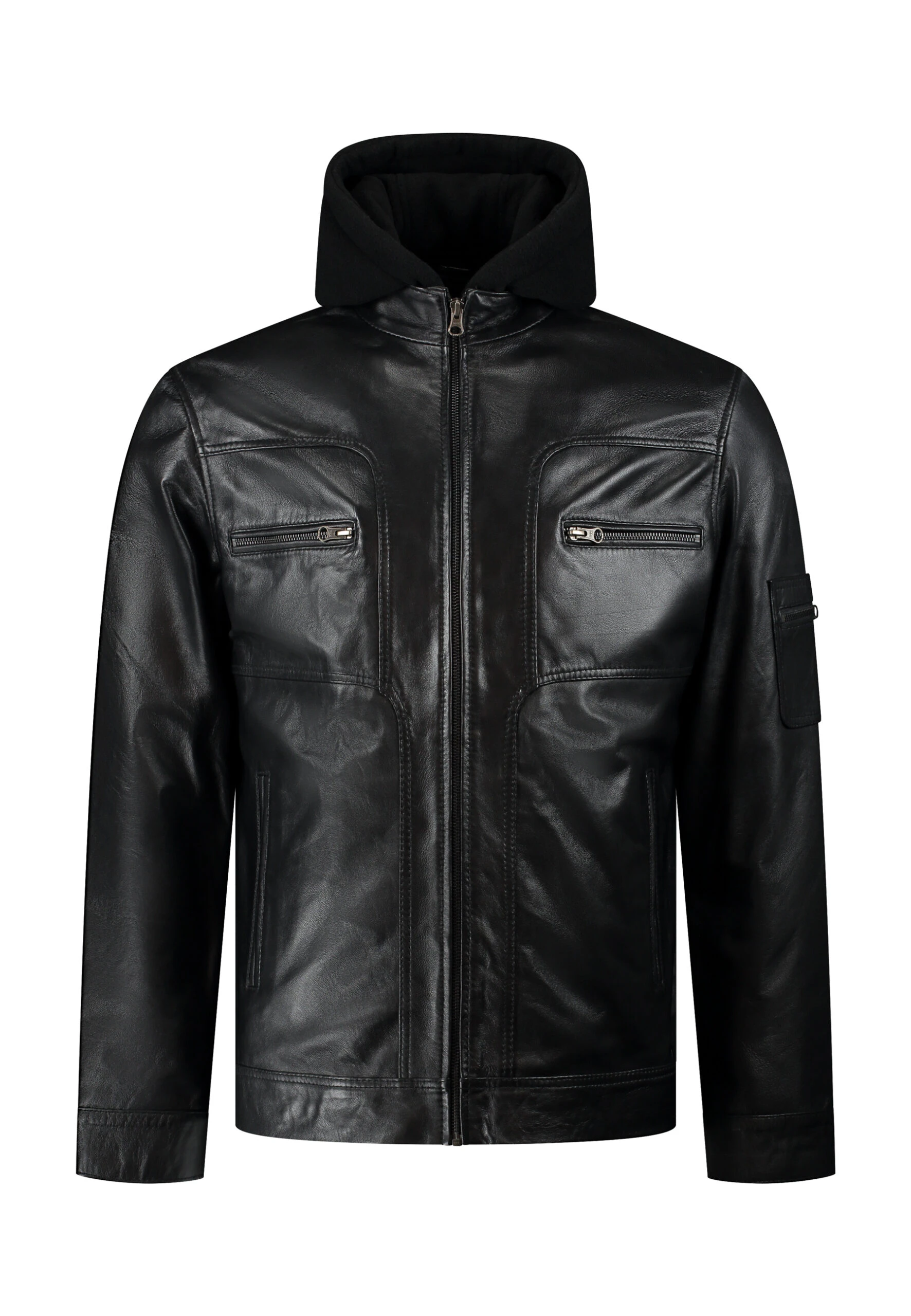 Urban Black Leather Jacket – Fitted Design with Removable Wool Hood