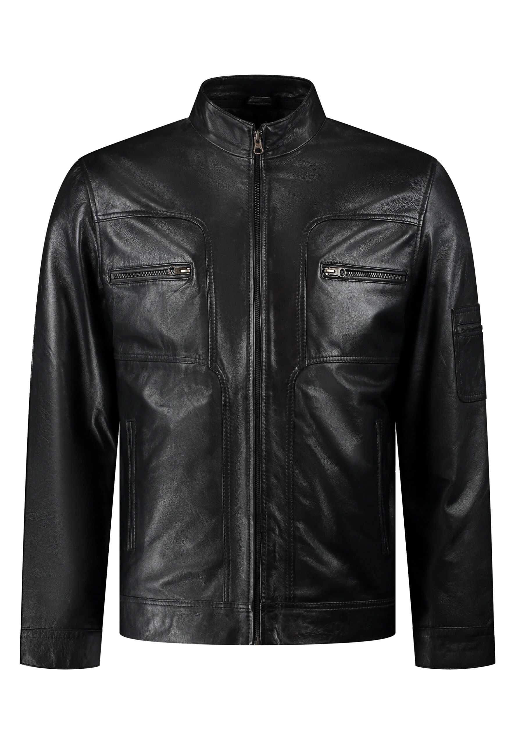 Urban Black Leather Jacket – Fitted Design with Removable Wool Hood - Gallery Image