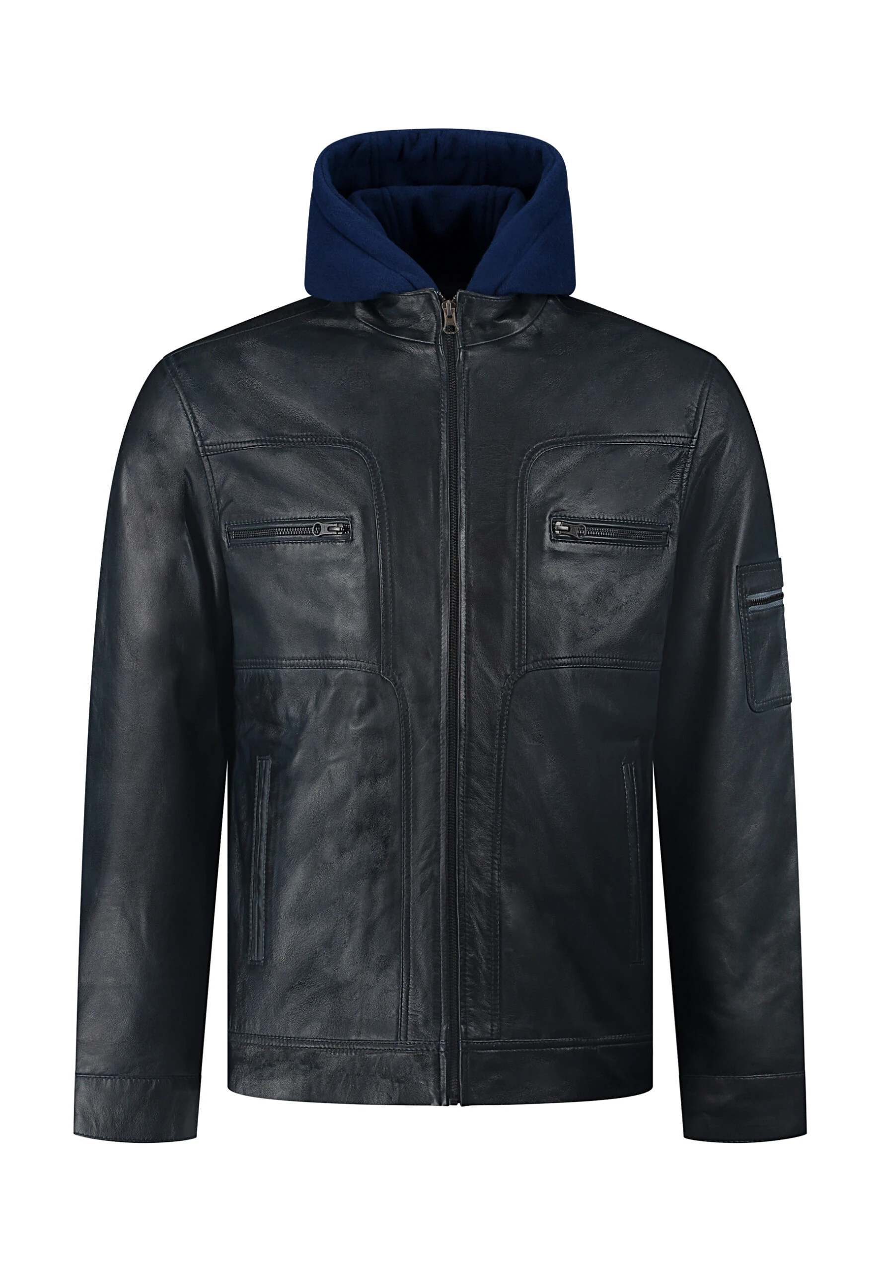 Urban Royal Blue Leather Jacket – Premium Biker Jacket with Removable Wool Collar & Hood