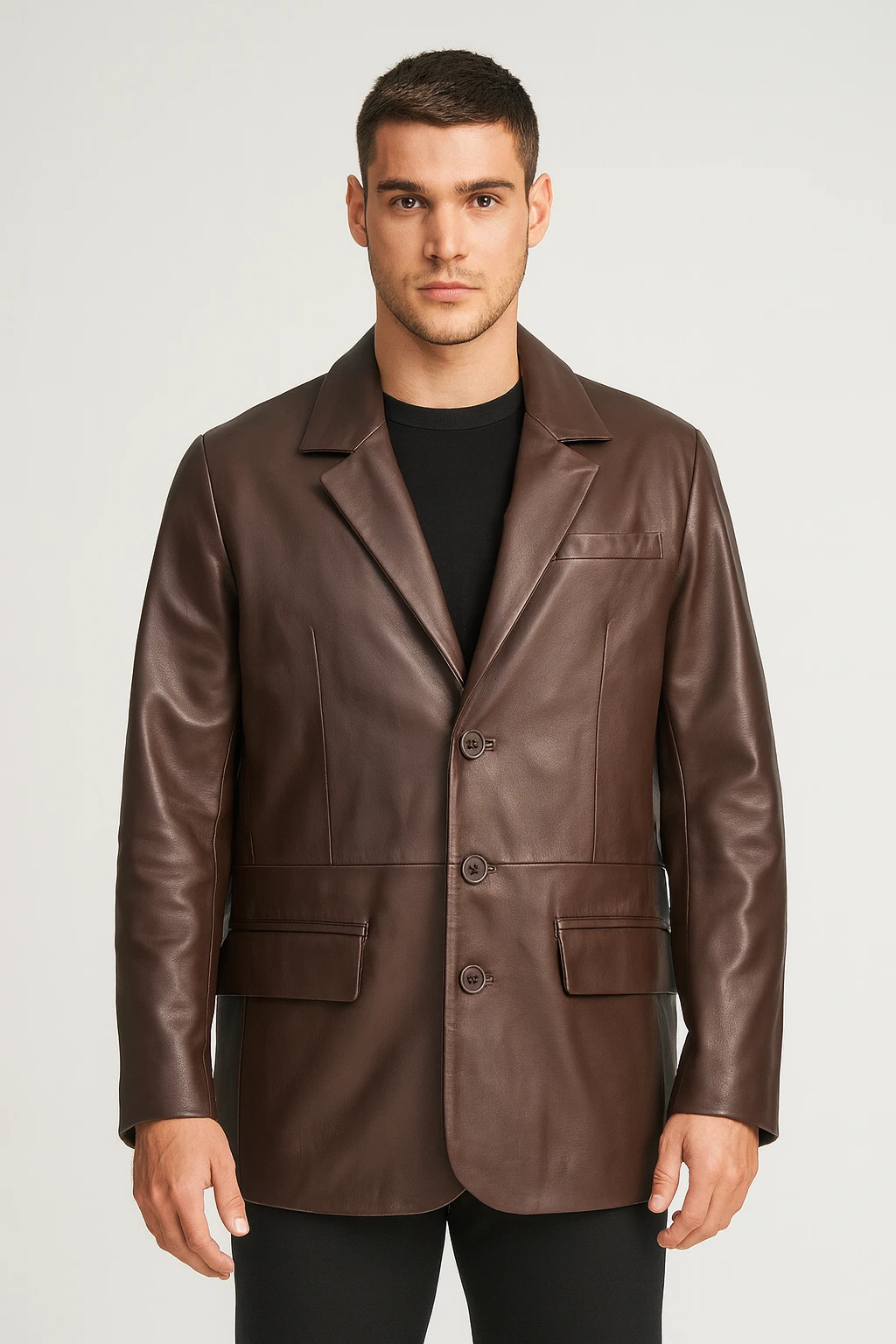 Dark brown lambskin leather blazer from Cycas D’Or — front view showing refined craftsmanship, notched lapels, and timeless three-button structure.