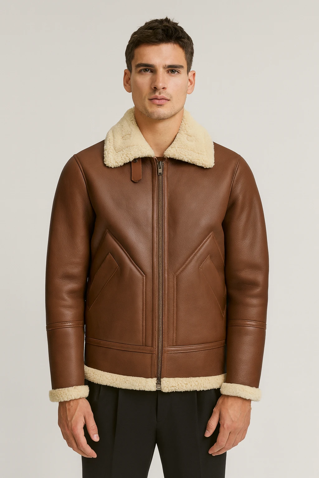 Men’s Shearling Jacket – The Hunter – Cognac Brown Lambskin & White Wool Winter Jacket - Image 6