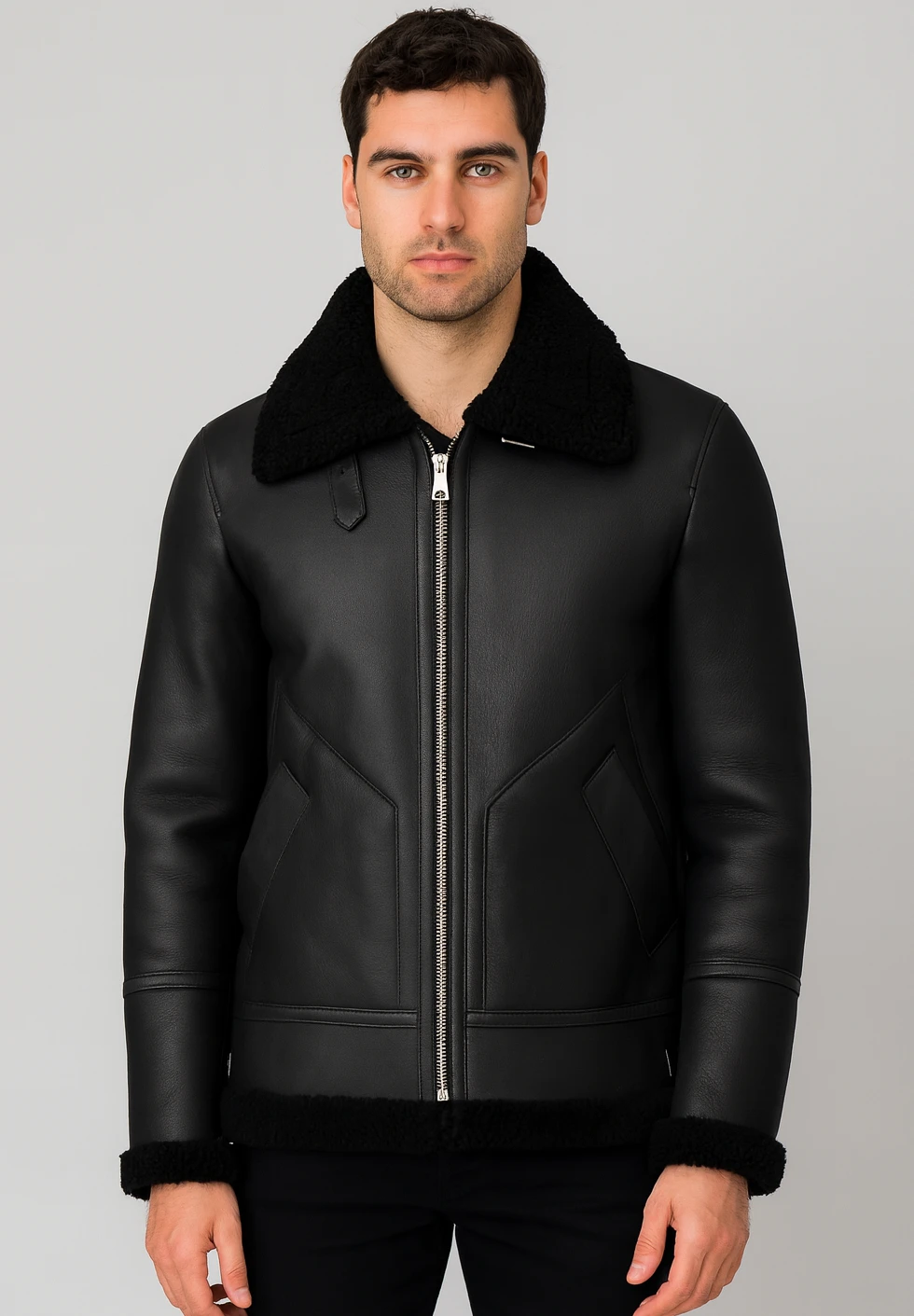 Men’s Shearling Jacket – The Hunter – Luxury Lambskin & Wool Winter Jacket – Black - Image 5