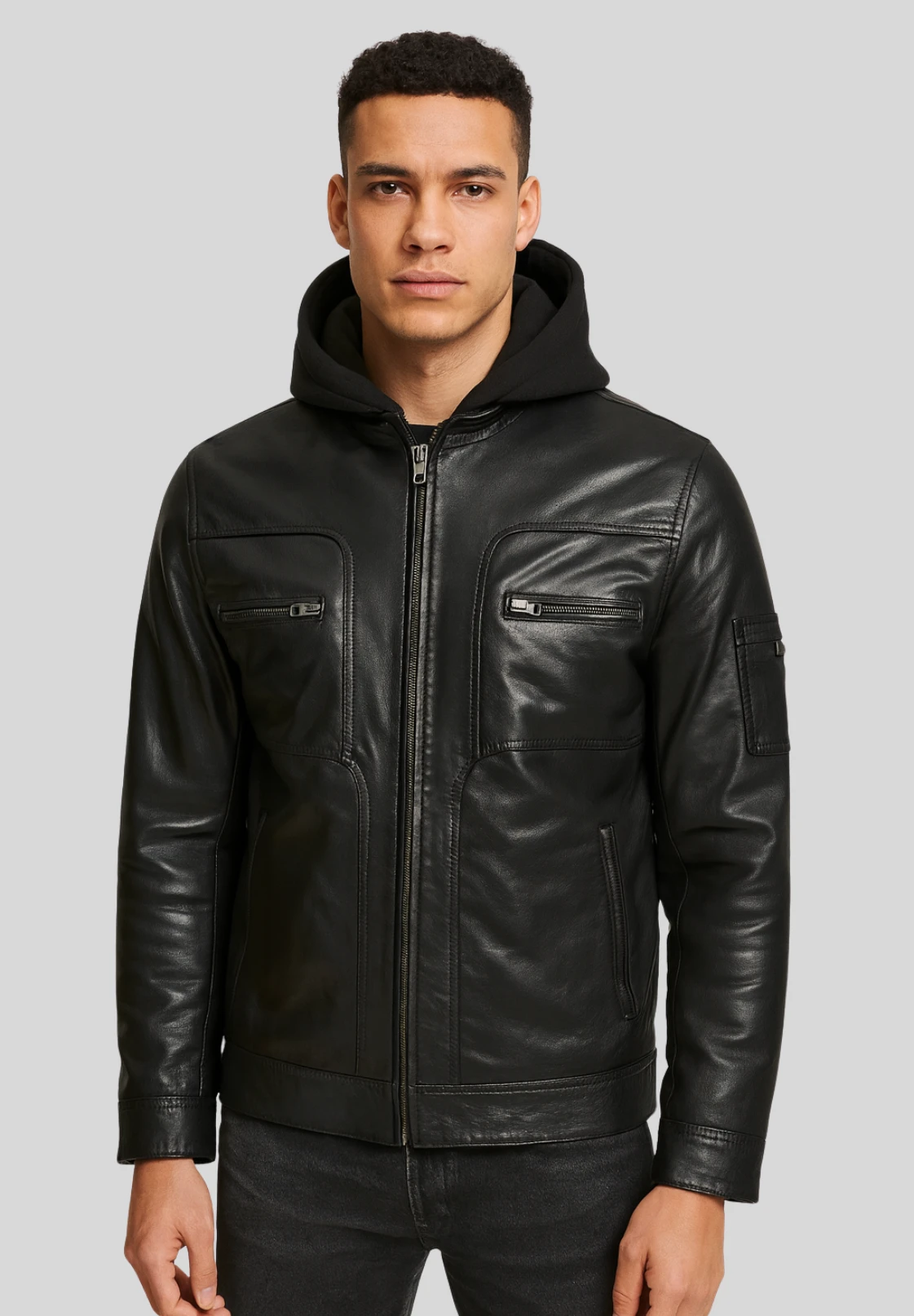 The Voyageur Black Leather Jacket – Fitted Design with Removable Wool Hood - Image 5