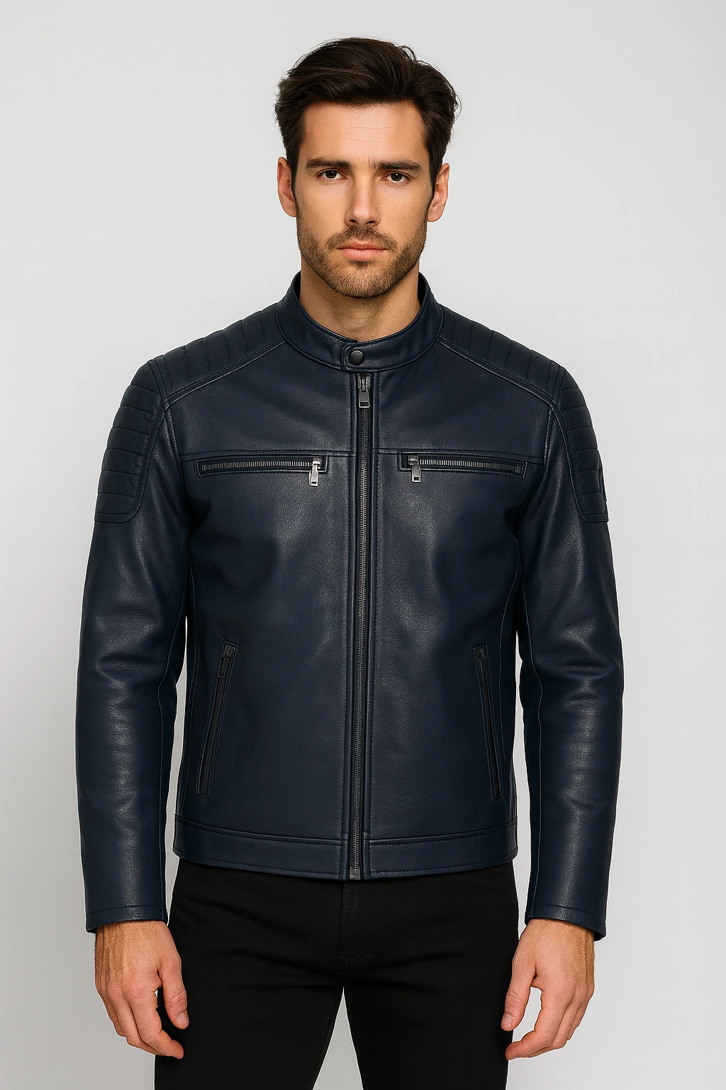 Harrison Navy Blue Leather Jacket – Premium Biker Jacket for Men - Image 3