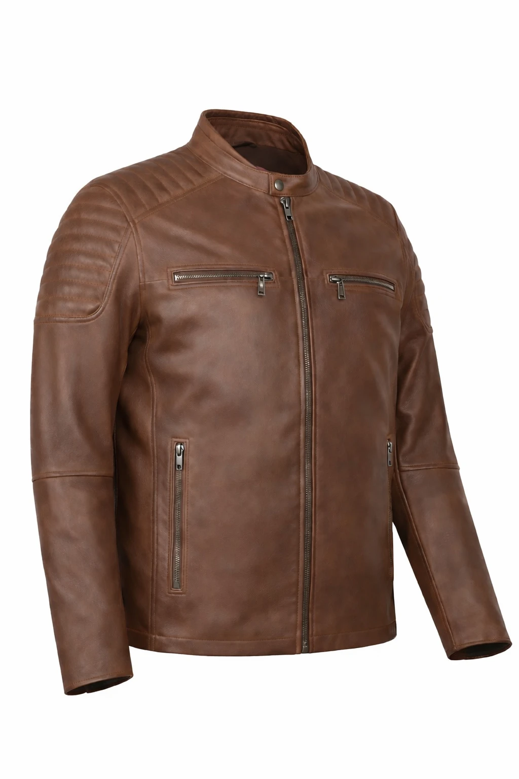 Elegant model wearing the Harrison Brown Leather Jacket by Cycas D’Or, showcasing the refined craftsmanship and timeless biker silhouette in genuine brown leather.