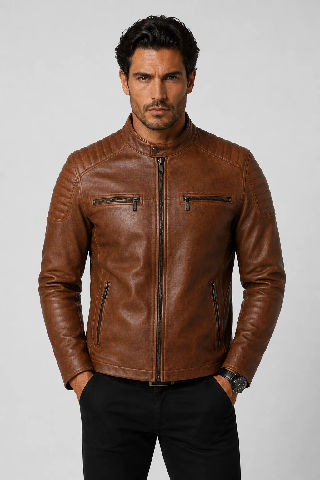 Harrison Brown Leather Jacket – Men's Genuine Biker Jacket - Image 4