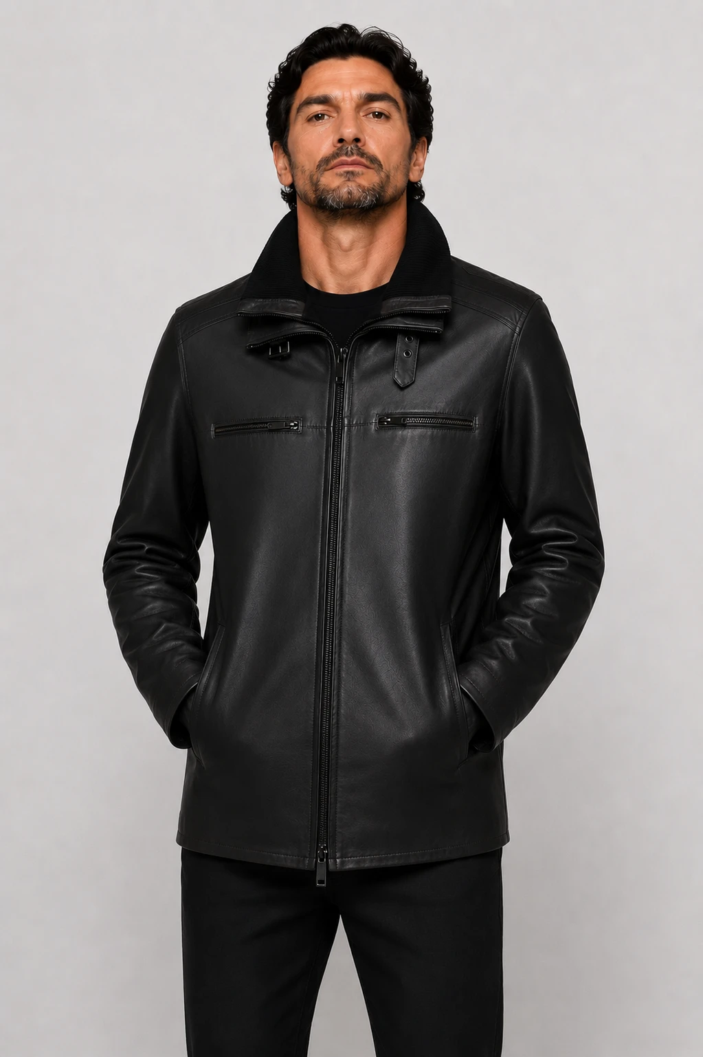 Model wearing the Flex Black Leather Coat by Cycas D’Or, a refined lambskin parka with detachable wool collar, tailored for cold-season versatility and timeless style.