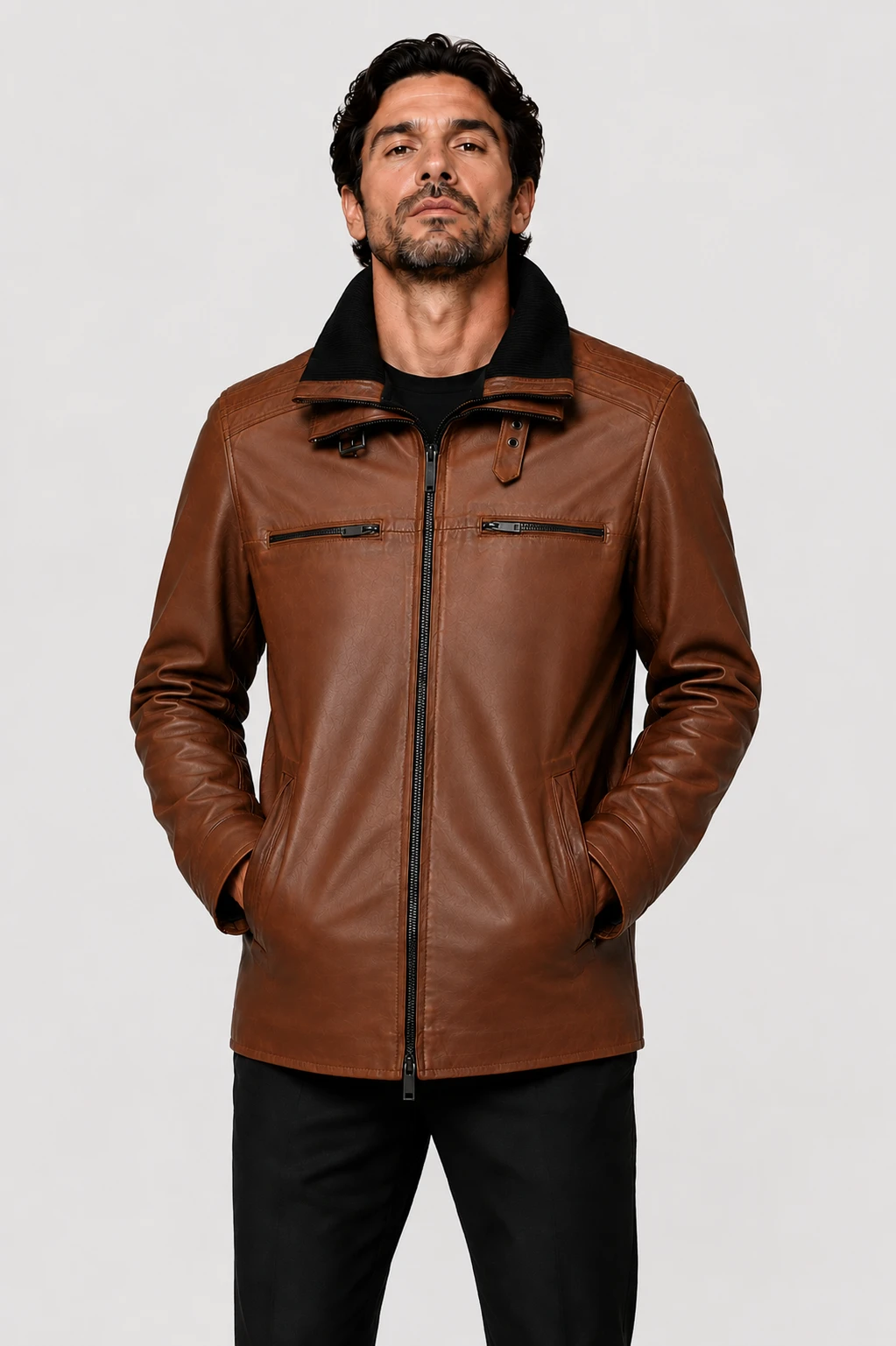 Front view of the Flex Leather Coat in cognac brown by Cycas D’Or. Premium lamb leather, six-pocket design, and high collar with removable wool insert.