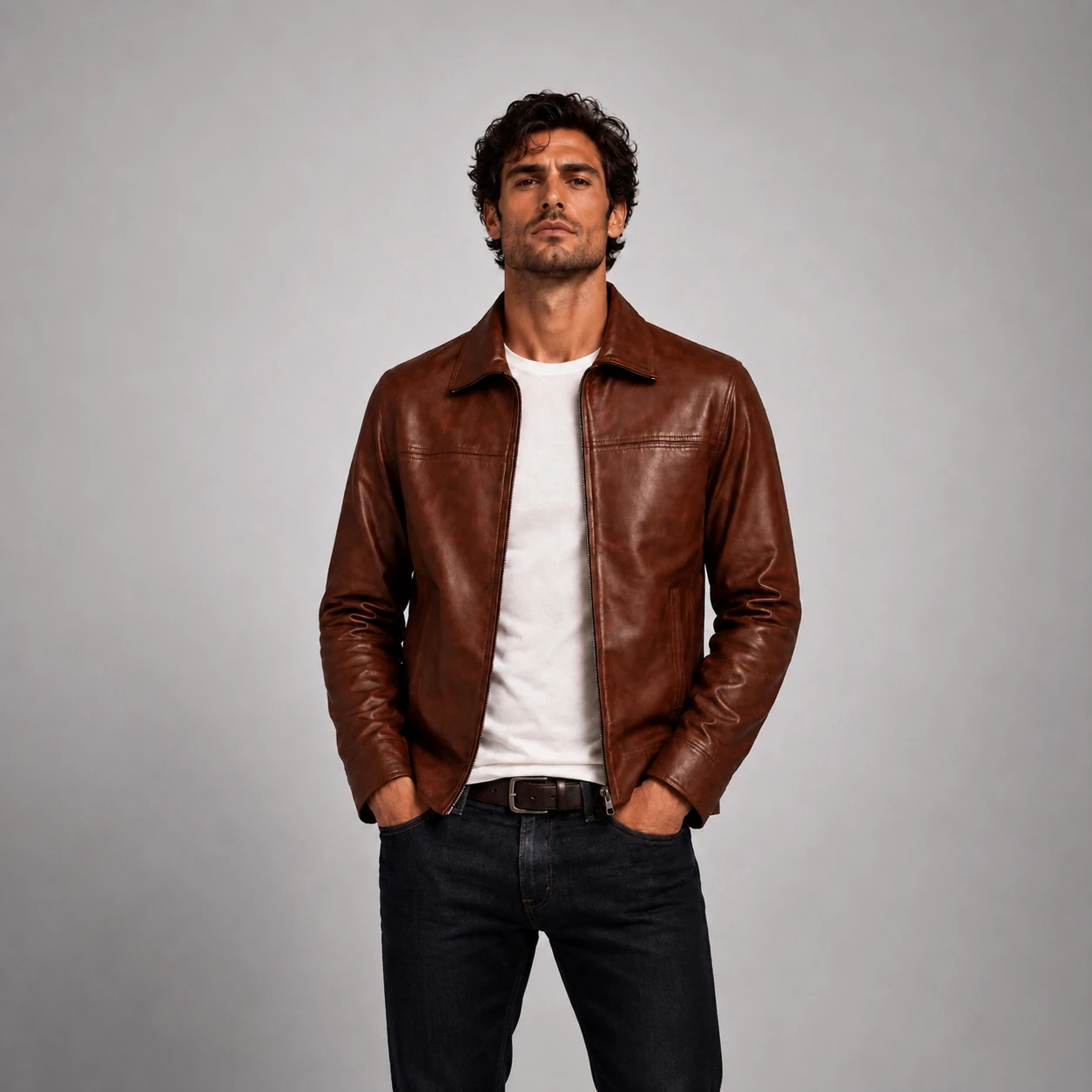 Kent Brown Leather Jacket – Classic High Collar Zippered Leather Jacket - Image 4