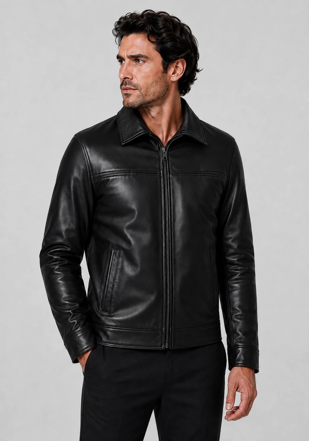 Model wearing the Kent Black Leather Jacket by Cycas D’Or, a modern icon crafted from smooth lambskin, featuring a high collar and minimalist tailoring.