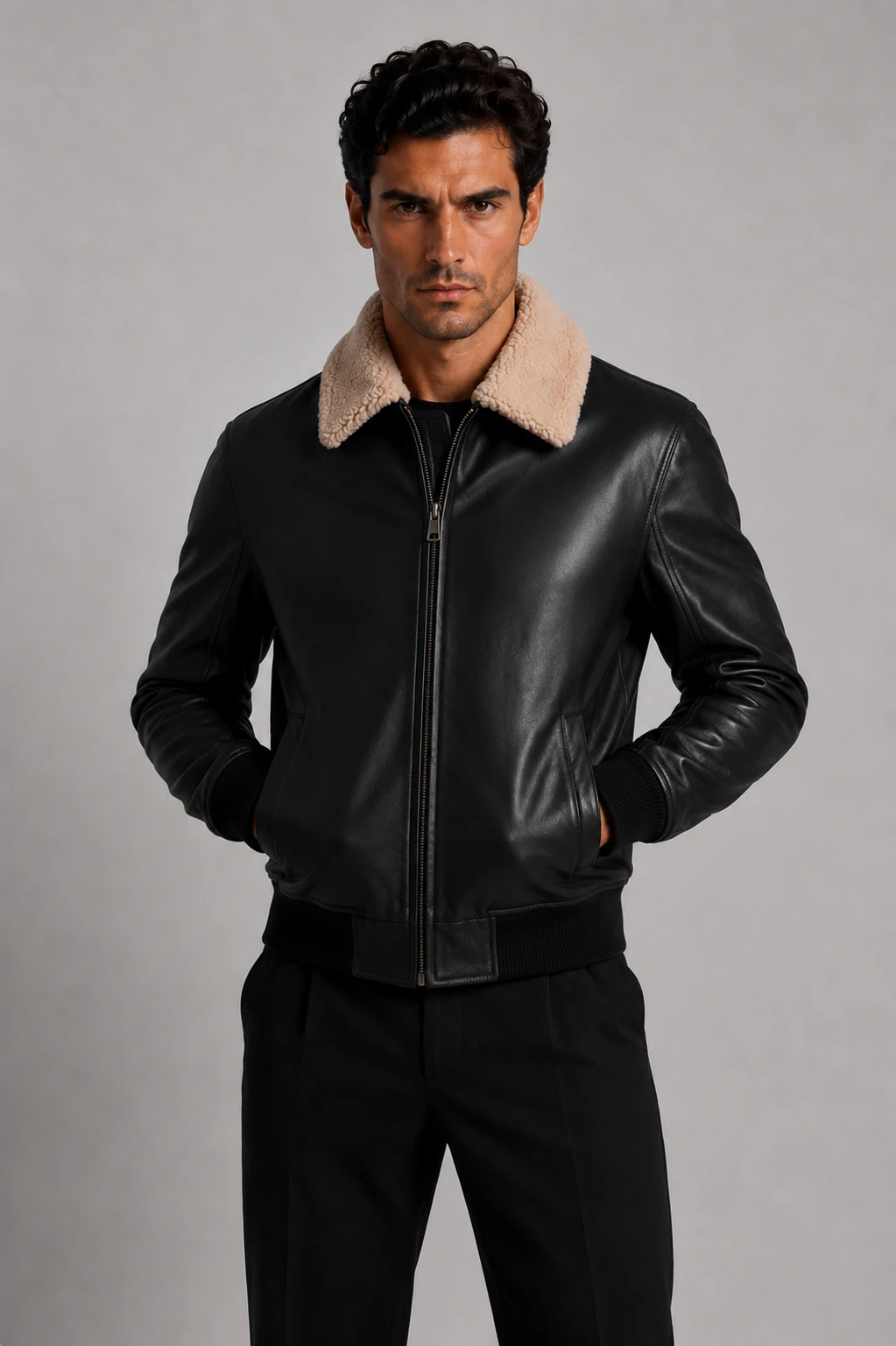 The Commendant – Men's Black Leather Aviator Jacket with Removable Collar - Image 8