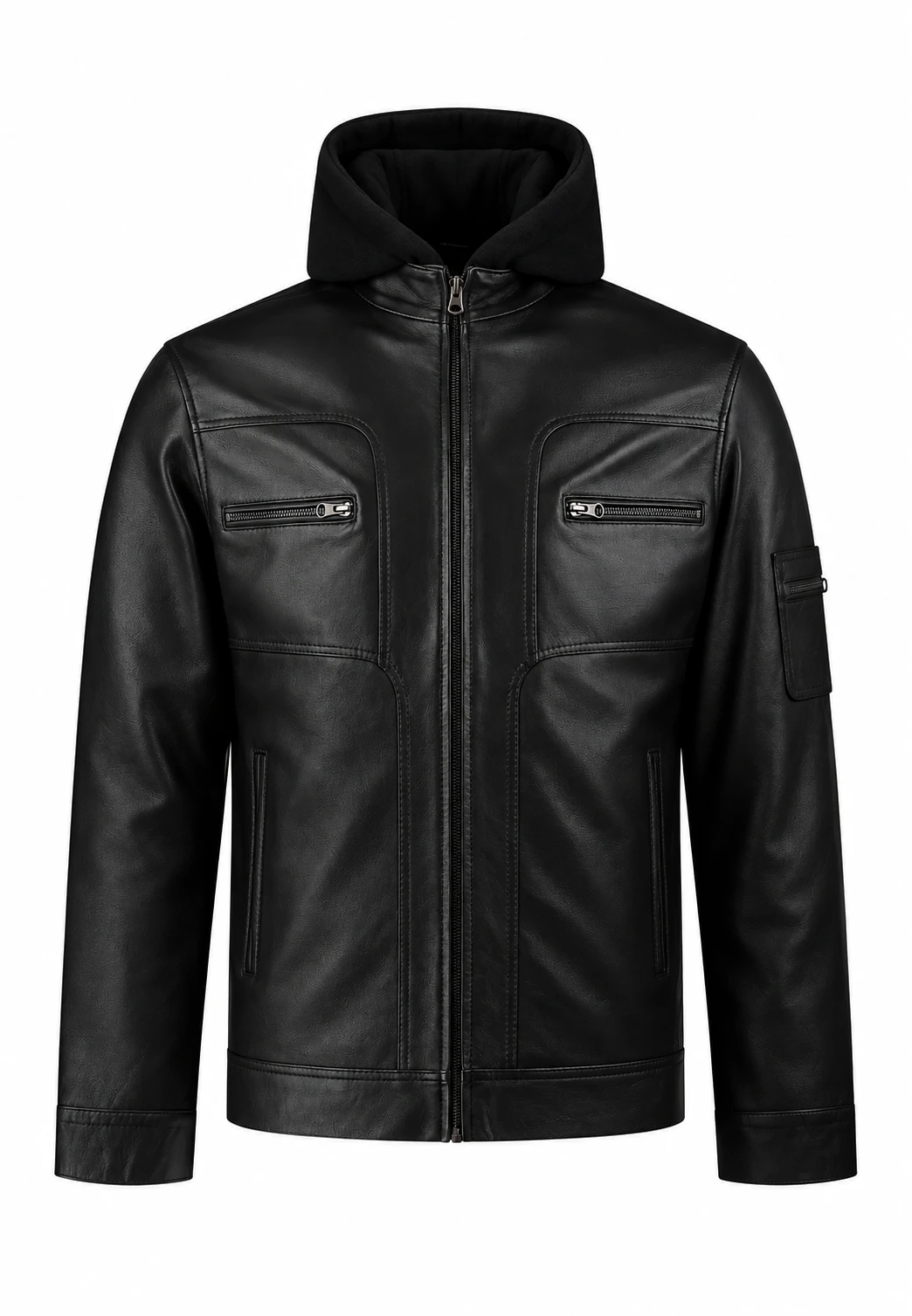 URBAN Black Leather Jacket – Fitted Design with Removable Wool Hood - Image 5