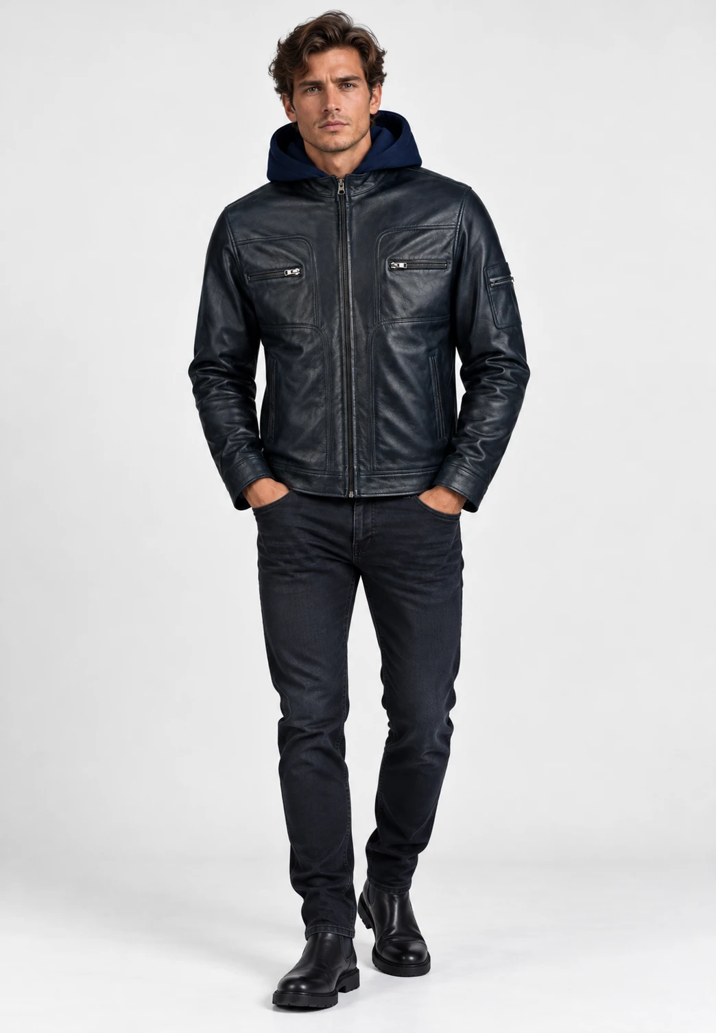 URBAN Royal blue Leather Jacket – Premium Biker Jacket with Removable Wool Collar & Hood - Image 7