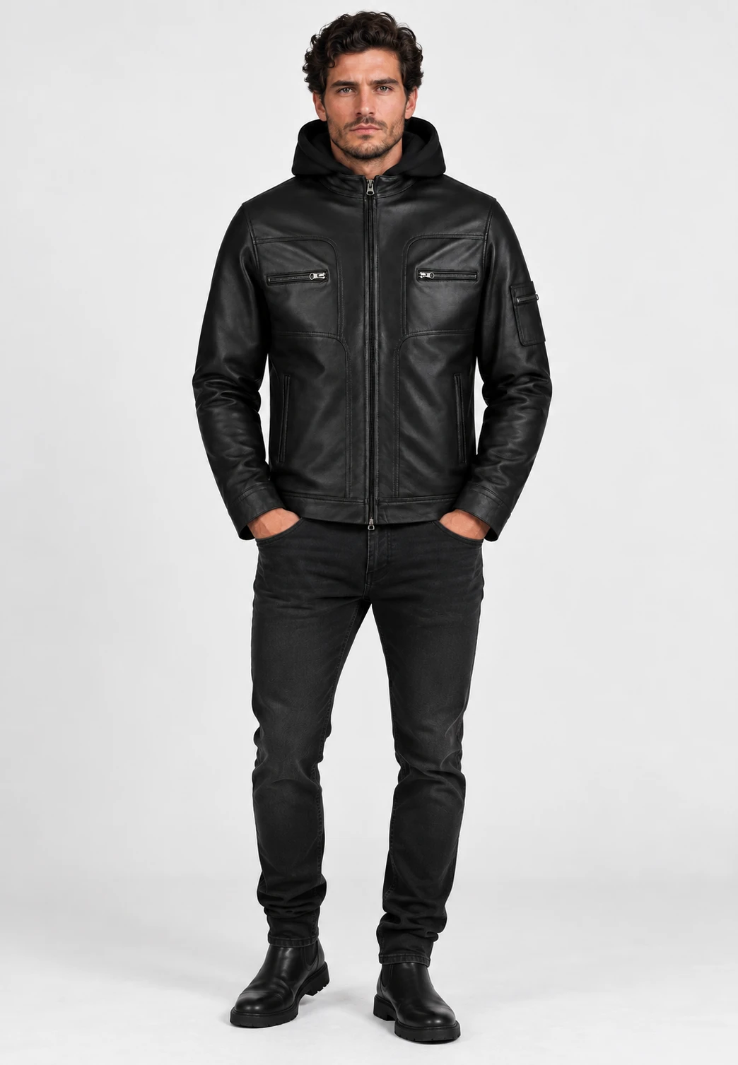 URBAN Black Leather Jacket – Fitted Design with Removable Wool Hood - Image 6