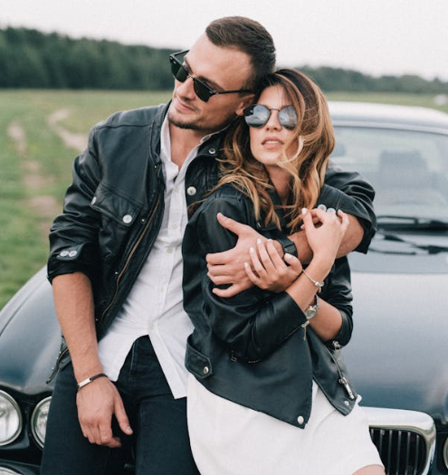 Couple wearing black leather jackets from Cycas d'Or brand