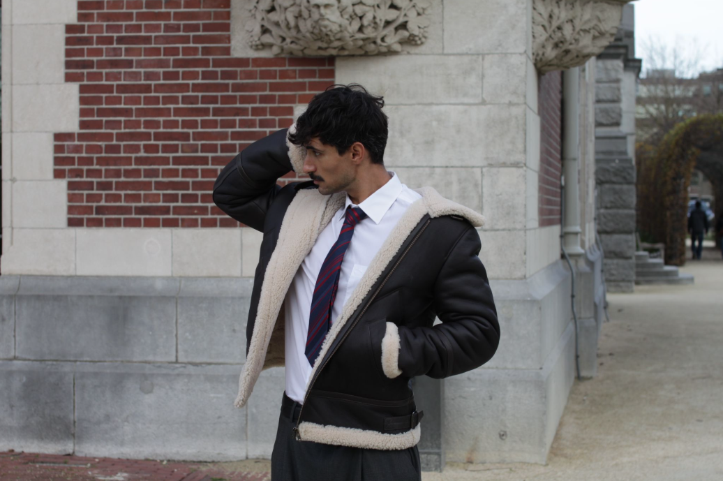 Mens shearling jacket from Cycas d'or worn in an urban environment.