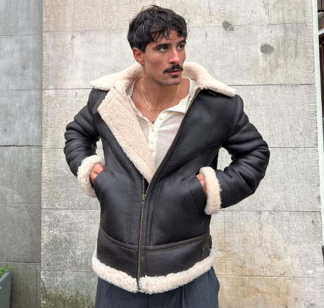 Mens shearling jacket in chocolate brown from Cycas d'Or, showcasing luxury leather craftsmanship.