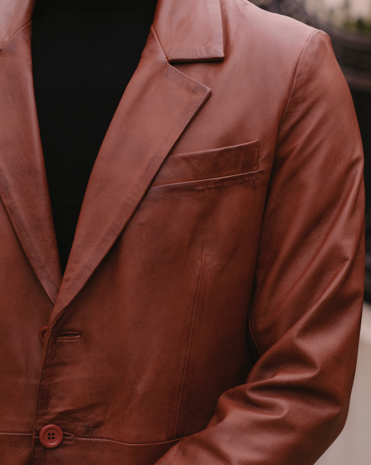 Close up on a mens leather blazer from Cycas d'Or brand